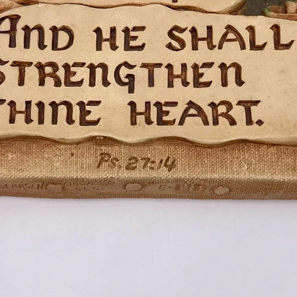 Scroll Heavy Plaque Wait on the Lord Psalm 27:14 H.A. Larsen 1946 Chalk Plaster - Picture 11 of 12